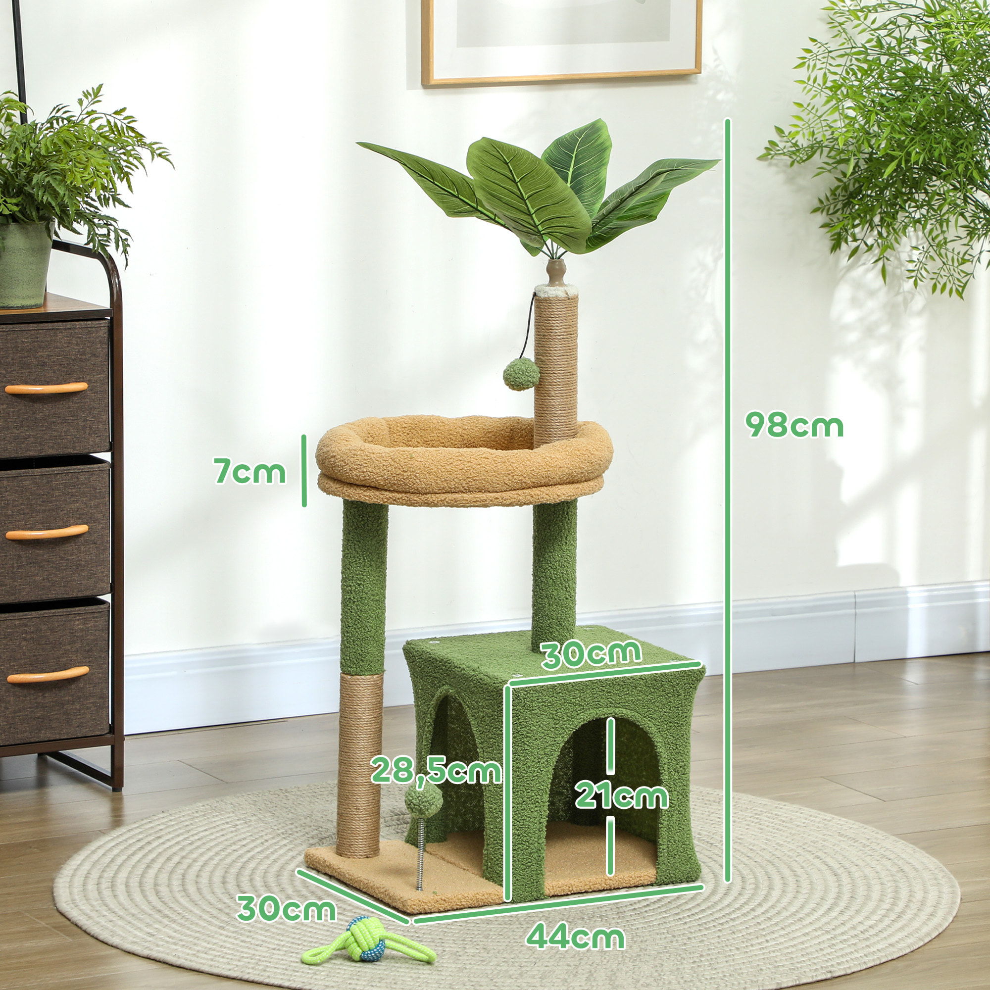 Árbol Rascador para Gatos 98 cm, Torre para Gatos con Hojas Artificiales, Cueva, Cama, Postes Rascadores, 2 Bolas de Juguete, Cubierto de Terciopelo, Verde