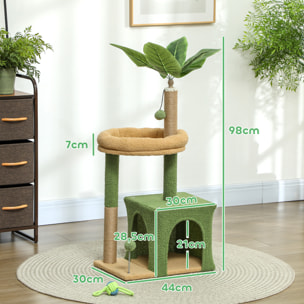Árbol Rascador para Gatos 98 cm, Torre para Gatos con Hojas Artificiales, Cueva, Cama, Postes Rascadores, 2 Bolas de Juguete, Cubierto de Terciopelo, Verde
