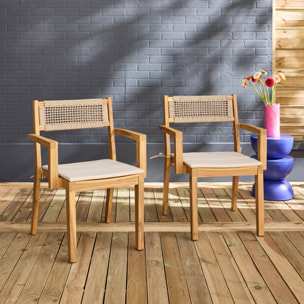 Lot de 2 fauteuils de jardin beige GALENA bois d'acacia avec coussin et corde. 59 x 55 x 81 cm