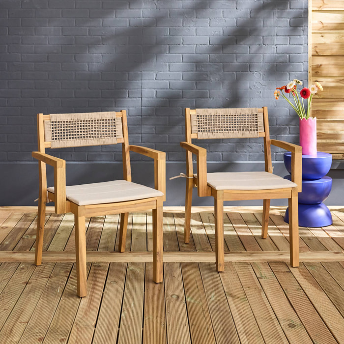 Lot de 2 fauteuils de jardin beige GALENA bois d'acacia avec coussin et corde. 59 x 55 x 81 cm