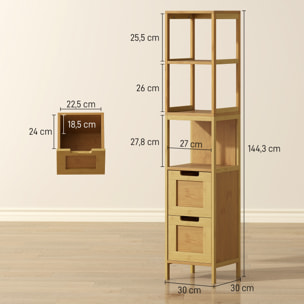 Armario de Baño Alto, Columna de Baño Estrecha con 3 Estantes y 2 Cajones de Bambú, Estilo Moderno, 30x30x144,3 cm, Natural