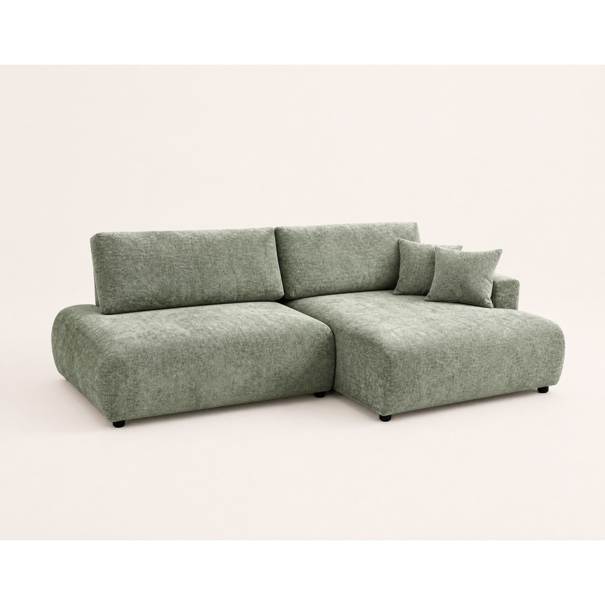 Pivoine - Canapé d'angle ouvert droit 4 places convertible avec coffre en tissu texturé - Vert sauge