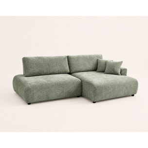 Pivoine - Canapé d'angle ouvert droit 4 places convertible avec coffre en tissu texturé - Vert sauge