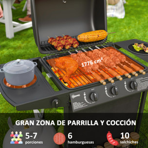 Barbacoa de Gas BBQ Gas con 3+1 Quemadores 9,5 kW Barbacoa Portátil con Termómetro Mesa Lateral Estante Especiero Parrilla Recogedor de Grasa 2 Ruedas para Jardín Exterior Camping Negro