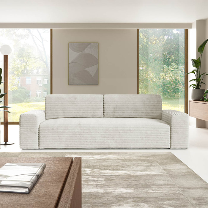 EDEN - Canapé 3 places convertible en velours côtelé écru
