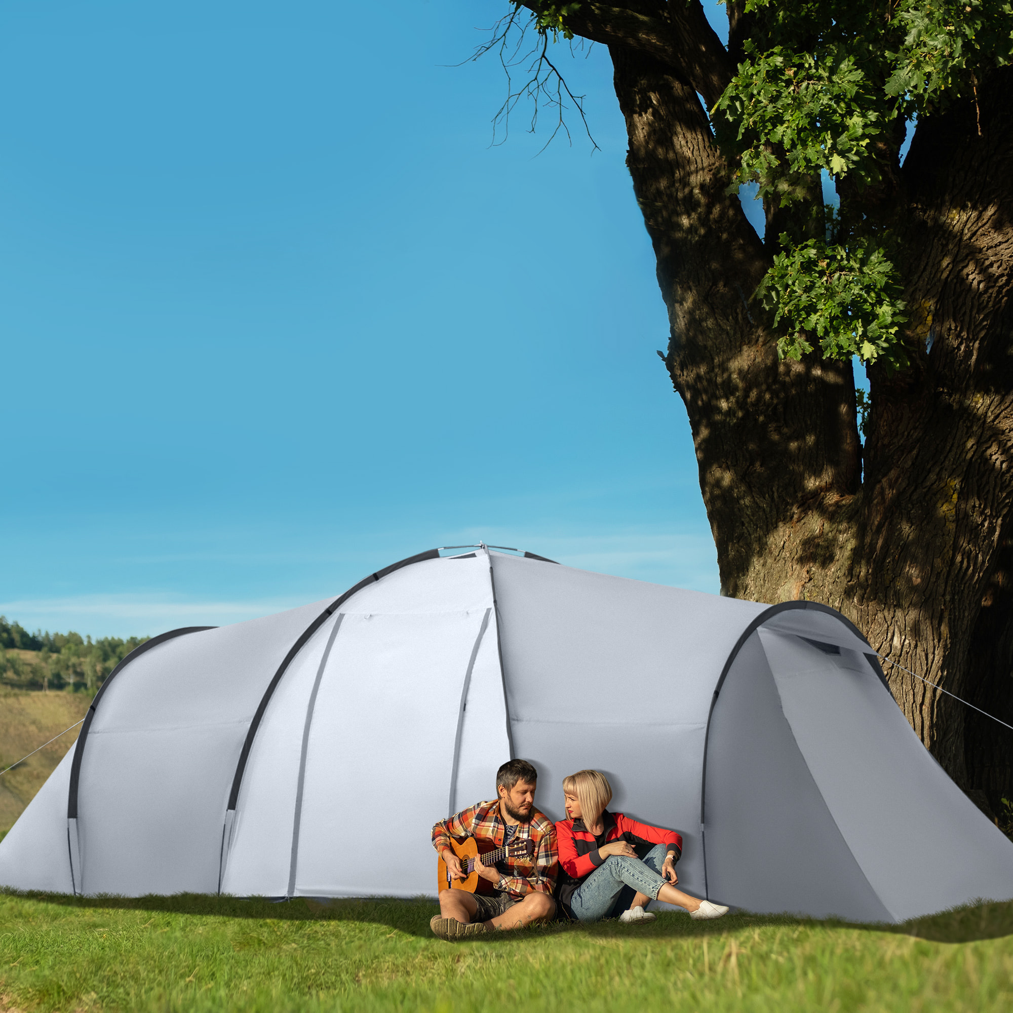 Tente de camping familiale 4-6 personnes 2 cabines 2 portes auvent 5,9L x 2,45l x 1,93H m rouge gris