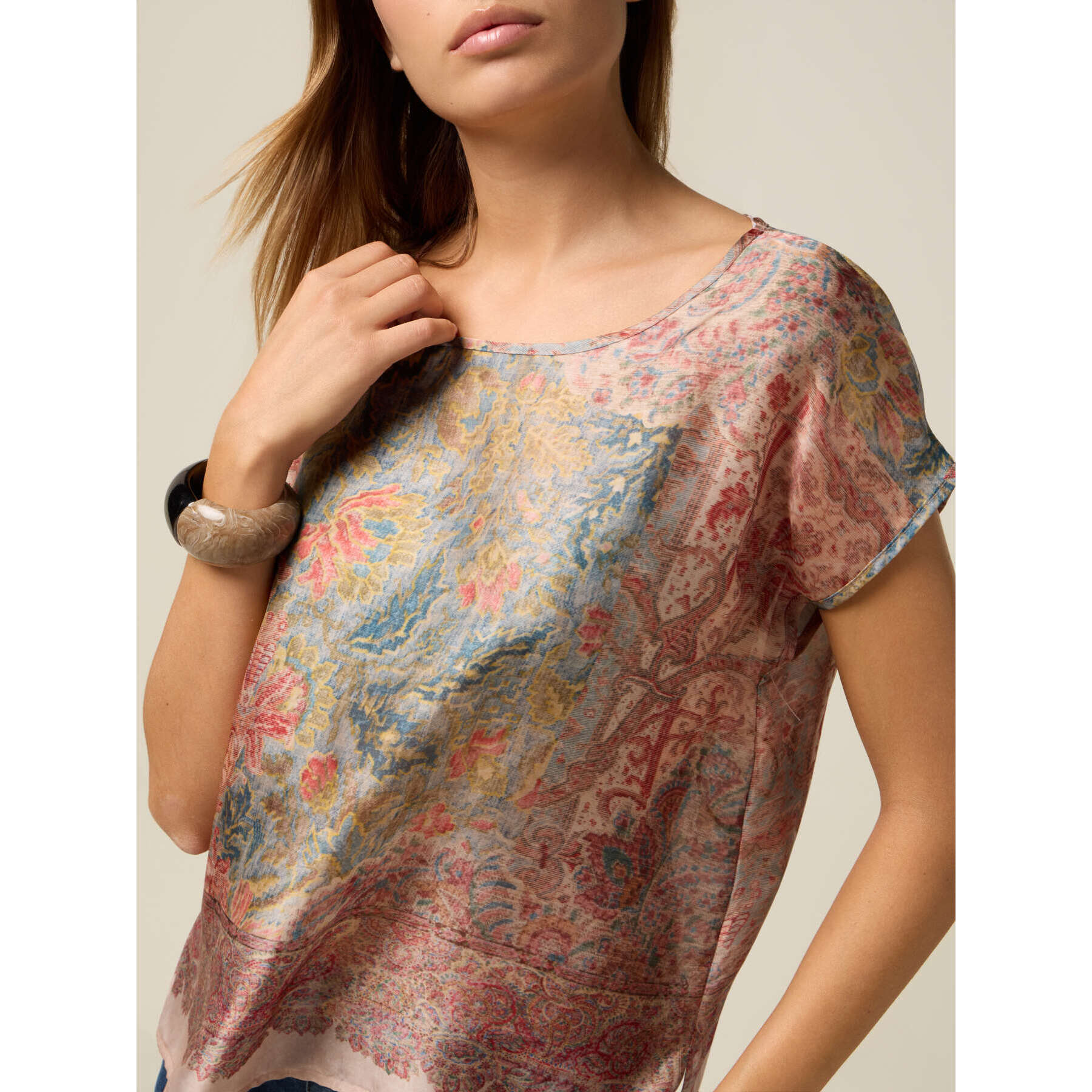 Oltre - Blusa in raso fantasia - Rosa