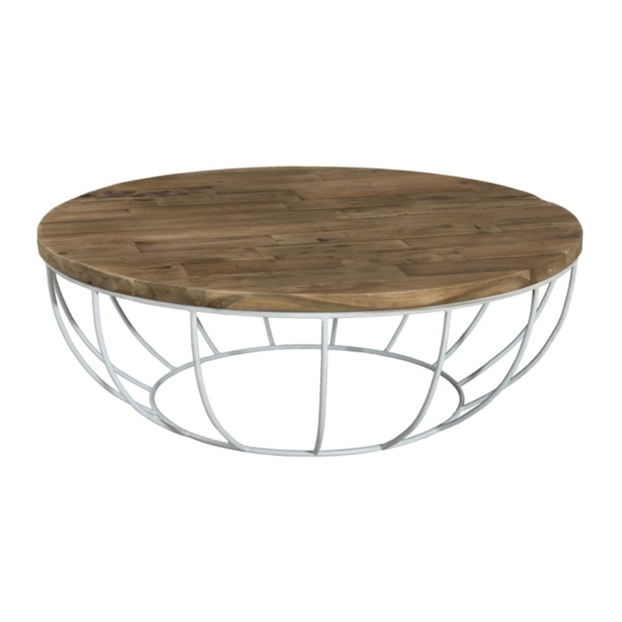 SIXTINE - Table basse plateau 100x100cm bois teck recyclé métal blanc