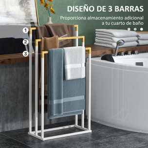 Toallero Escalera de 3 Niveles Toallero de Pie con 3 Barras de Bambú y Marco de Acero Toallero para Baño Lavadero 45x22,5x86 cm Blanco y Natural