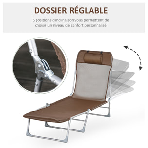 Bain de soleil transat pliable dossier réglable 5 positions acier teslin marron