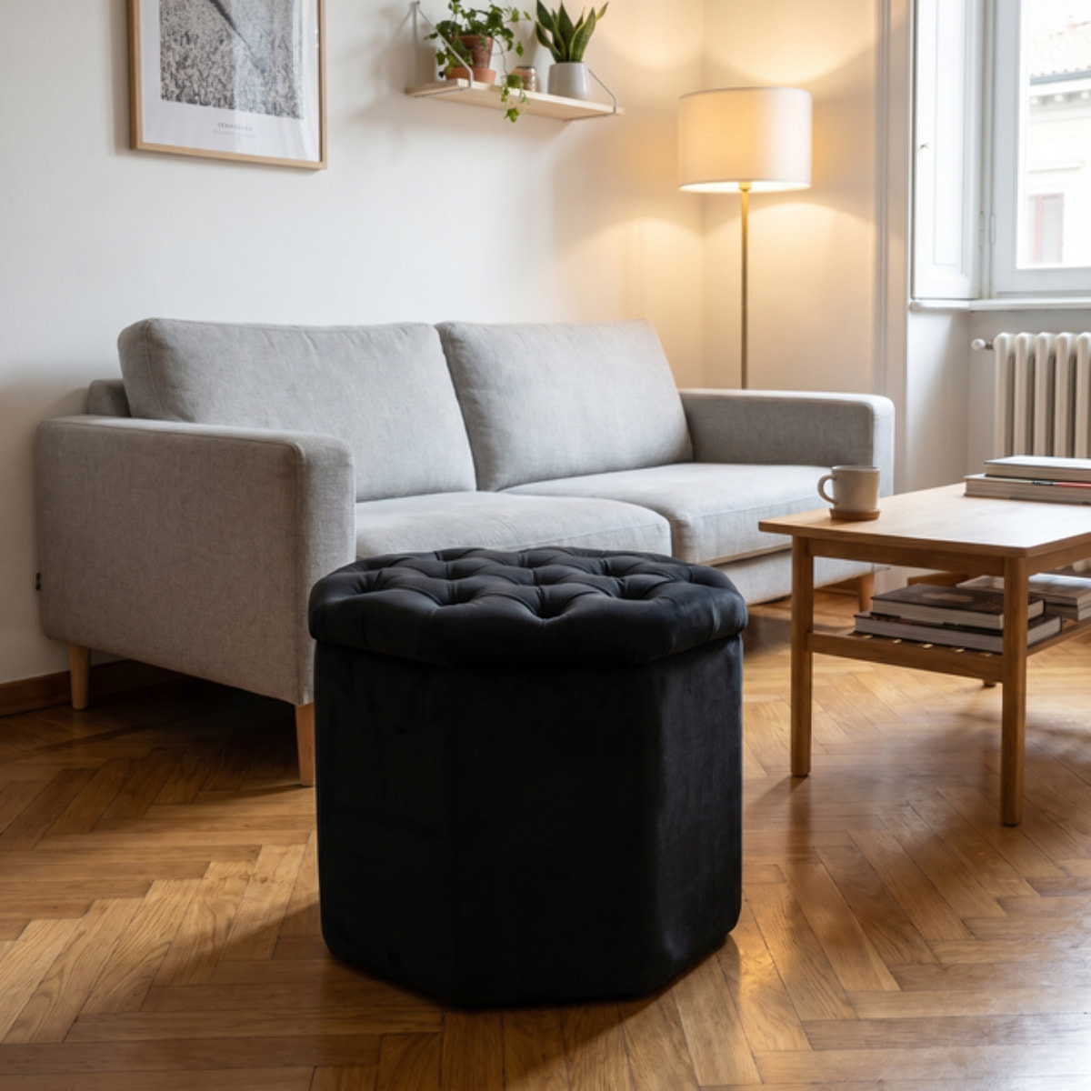 Pouf contenitore ottagonale in velluto - NERO