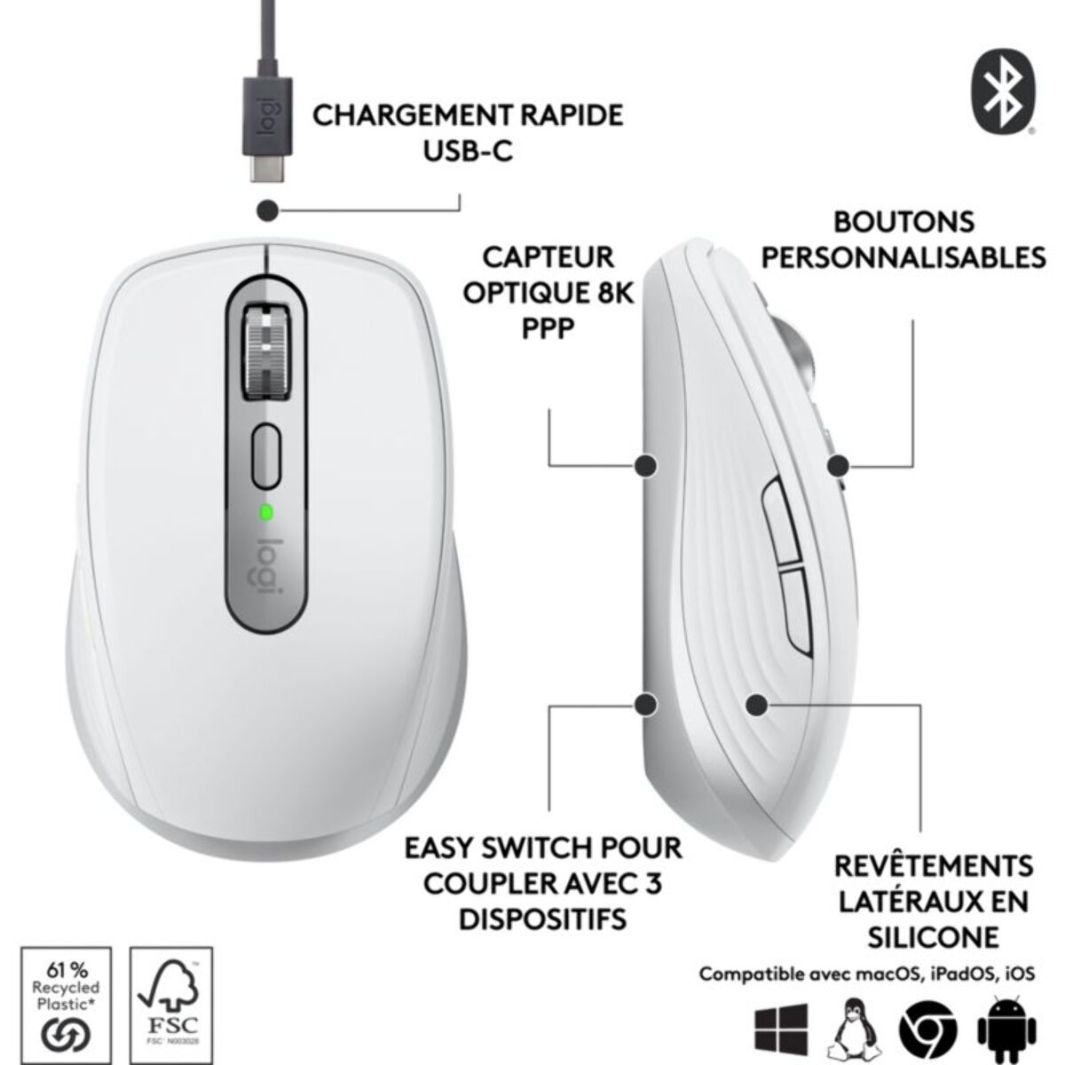 Souris sans fil rechargeable LOGITECH MX anywhere 3S Silencieuse Pale Grey