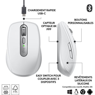 Souris sans fil rechargeable LOGITECH MX anywhere 3S Silencieuse Pale Grey