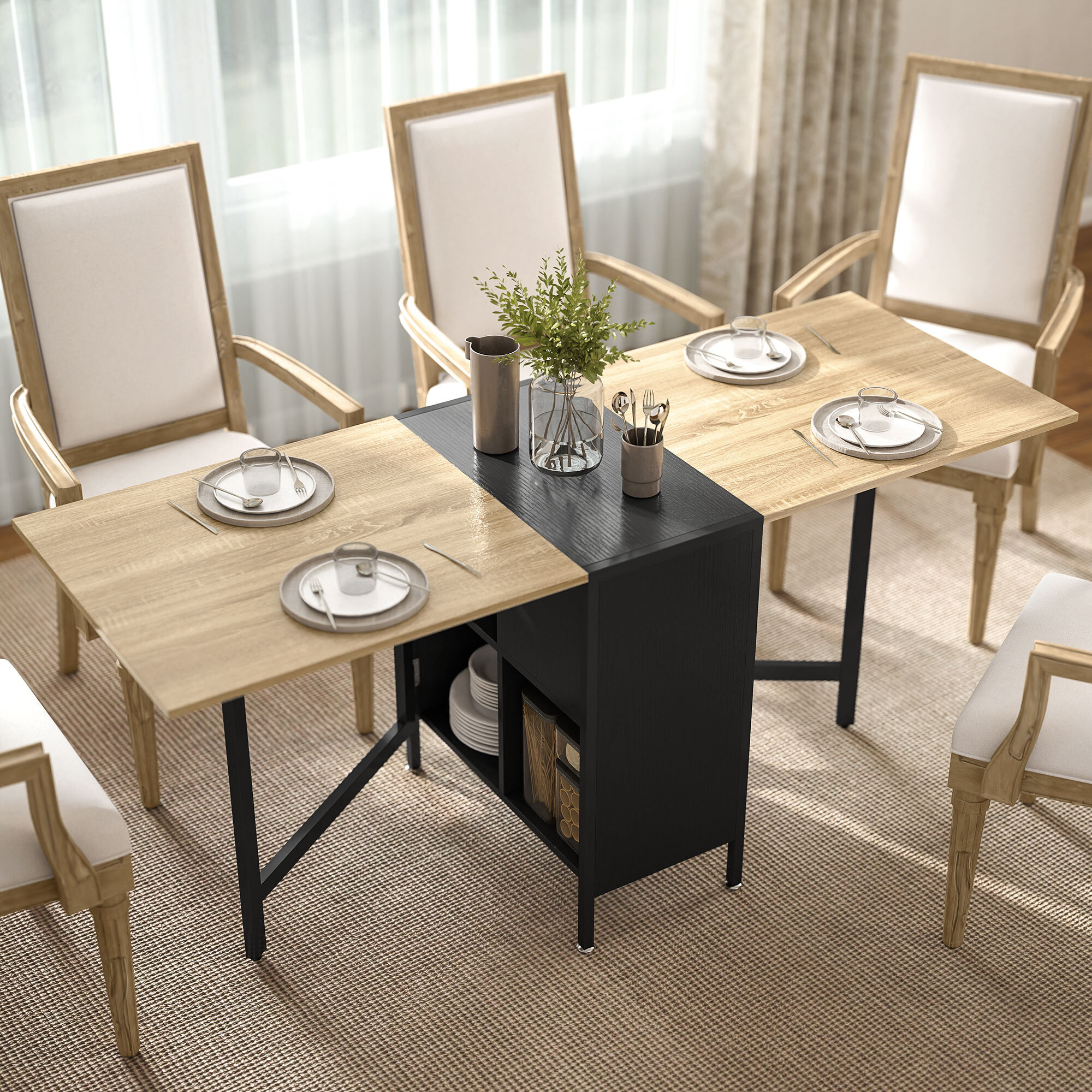 Mesa Plegable de Comedor, Mesa de Cocina Plegable, con Alas Abatibles, 4 Compartimentos, 3 Formas, Hasta 4 Personas, para Salón, Espacio Pequeño, 169x60x75 cm, Natural Oscuro