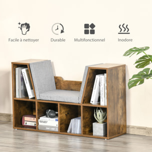 Bibliothèque banc 2 en 1 design contemporain 6 casiers 3 coussins fournis 102L x 30l x 61H cm aspect bois vieilli gris
