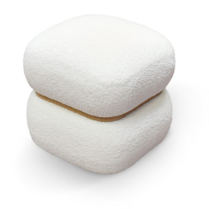 Pouf BOSTON quadrato in tessuto effetto lana bianco e anello in legno