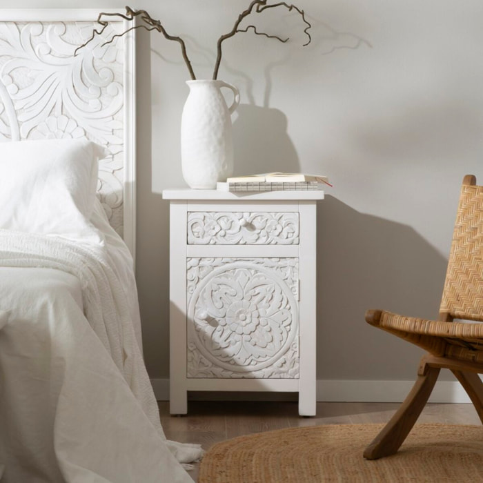 Table de chevet Indira -bois de manguier massif et mdf-couleur blanc brossé 50 x 70 x 40 cm