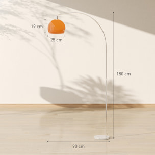 Lampadaire arc design néo-rétro H.180 cm piètement marbre blanc abat-jour plastique effet transparence orange
