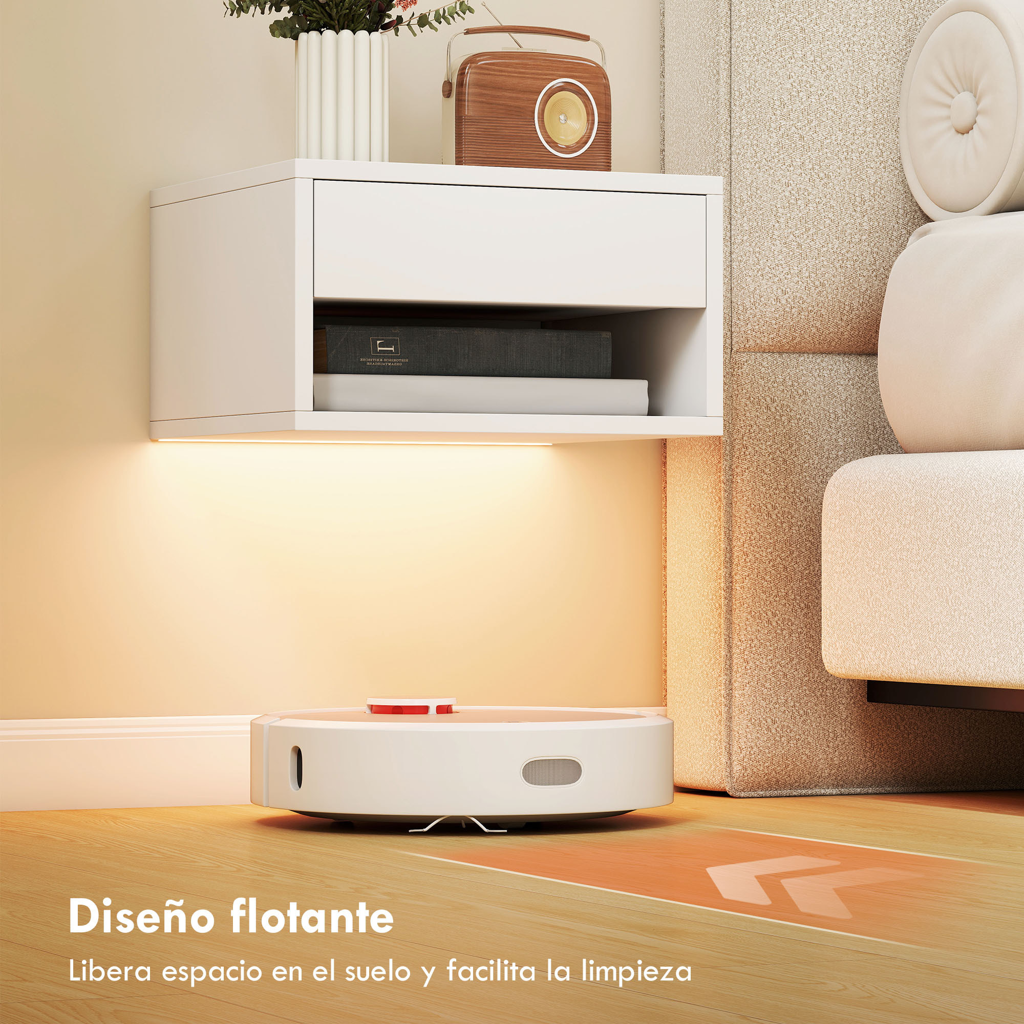 Juego de 2 Mesitas de Noche Flotantes con Luces LED RGB Control de APP, Mesillas de Noche Dormitorio con Cajón, Estante Abierto, para Sala de Estar, 37x32x21 cm, Blanco
