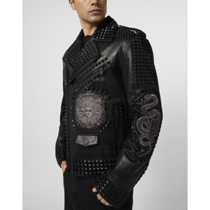 PHILIPP PLEIN Vintage Leather Biker Jacket Tattoo Patches & Studs