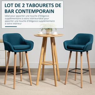 Tabourets de bar design scandinave - lot de 2 tabourets de bar grand confort avec repose-pieds et accoudoirs - bois de hêtre lin bleu canard