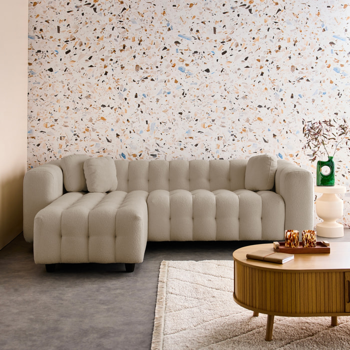 Canapé d'angle réversible 3-4 places bouclette texturée. beige. capitonné structure bois d'eucalyptus et contreplaqué