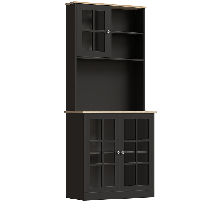 Alacena de Cocina, Mueble Auxiliar de Cocina, con 3 Puertas de Vidrio, Encimera Abierta para Microondas, Estantes Ajustables, Compartimentos Abiertos, 80x37x183 cm, Negro