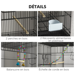 Double cage à oiseaux sur roulettes - étagère, plateau déjection, 4 perchoirs, 4 mangeoirs, poignée - dim. 77L x 46l x 164H cm acier noir