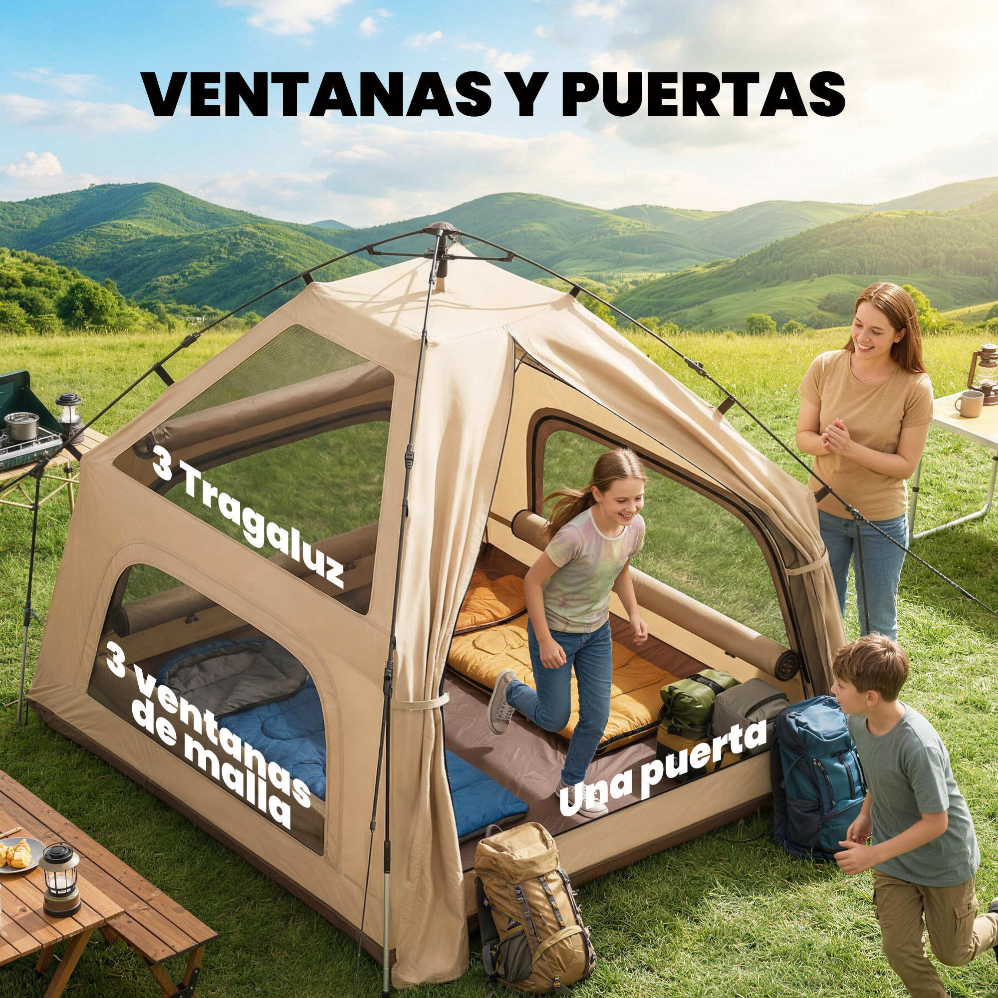 Tienda de Campaña Pop-up para 2-3 Personas, Tienda de Camping Plegable Portátil, Impermeable 3000 mm con 3 Ventanas, 3 Claraboyas, Base, Bolsa Transporte para Senderismo 235x235x184 cm, Caqui