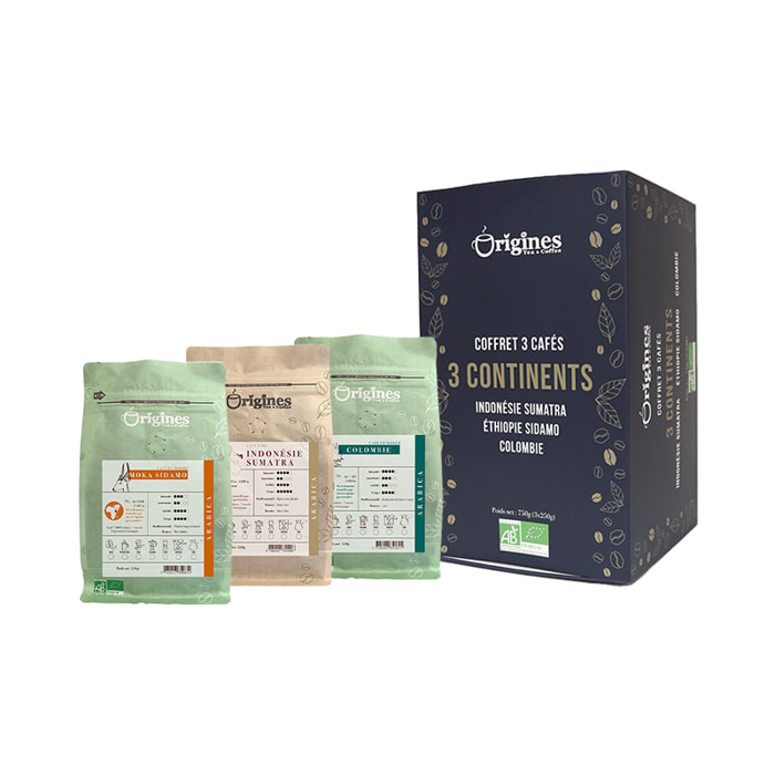 Coffret cafés en Grains Bio 3 continents - 750g (3x250g)