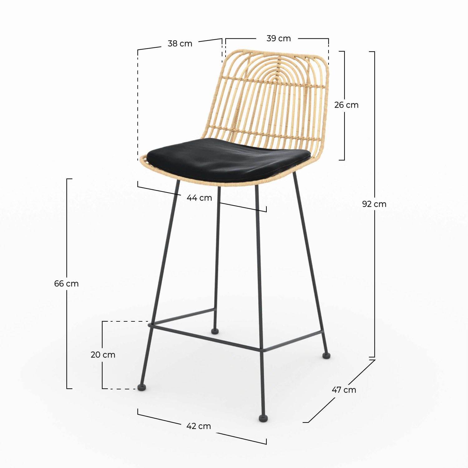 Lot de 2 chaises pour îlot central 66 cm en rotin et noir - Goa