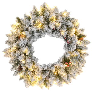 Couronne de Noël artificielle LED 60 cm - pommes de pin, baies rouges, 50 LED blanc - effet enneigé