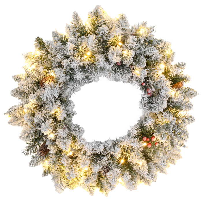 Couronne de Noël artificielle LED 60 cm - pommes de pin, baies rouges, 50 LED blanc - effet enneigé