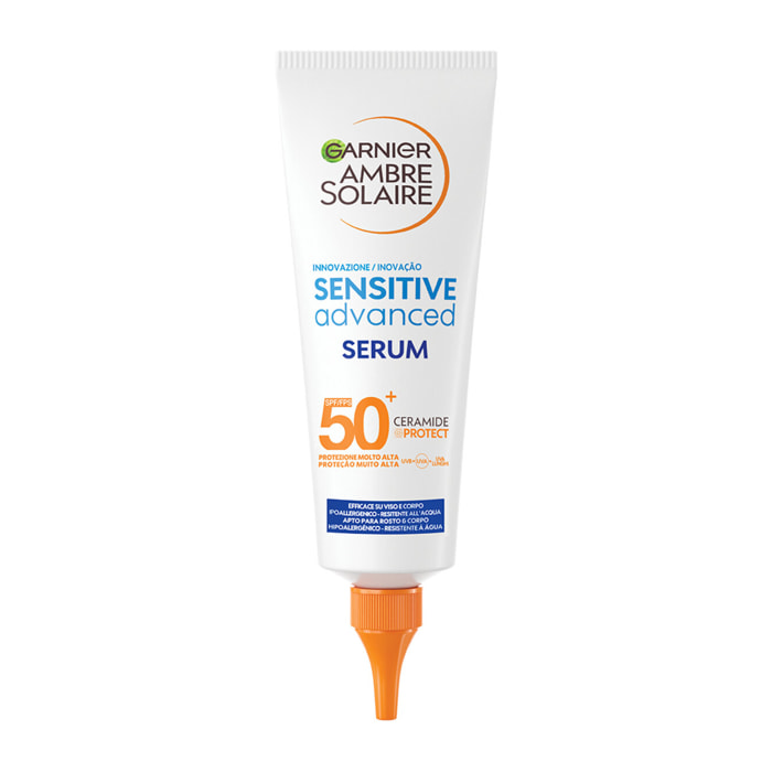 Siero Solare Viso Protettivo SPF 50+ Ipoallergenico Ambre Solaire Sensitive Advanced Protezione Molto Alta per Pelli Sensibili - Flacone da 125ml