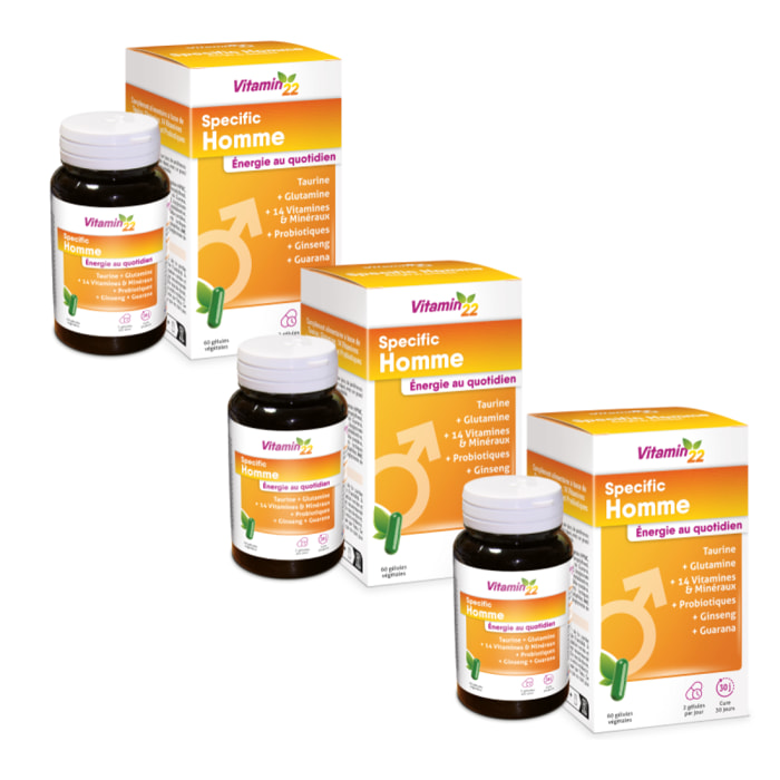 VITAMIN 22 - Specific Homme - Complément alimentaire à base de 14 vitamines et minéraux - Répondre aux besoins spécifique de l'homme - Sans gluten - Fabriqué en France - Lot de 3