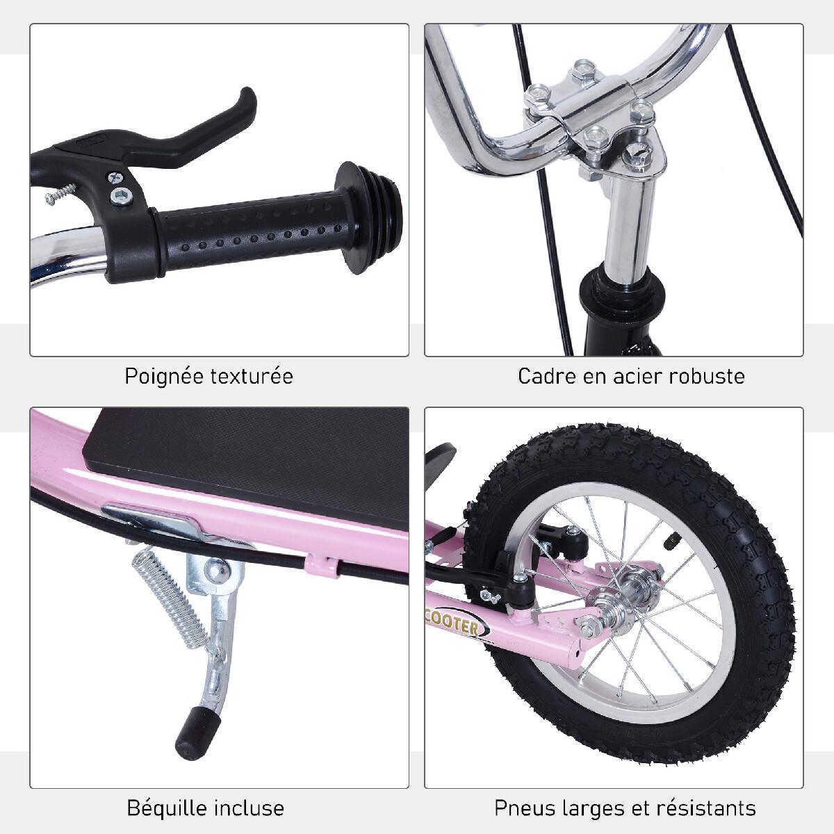 Trottinette patinette pour enfants à partir de 5 ans grands pneus guidon réglable poignée frein et béquille acier rose