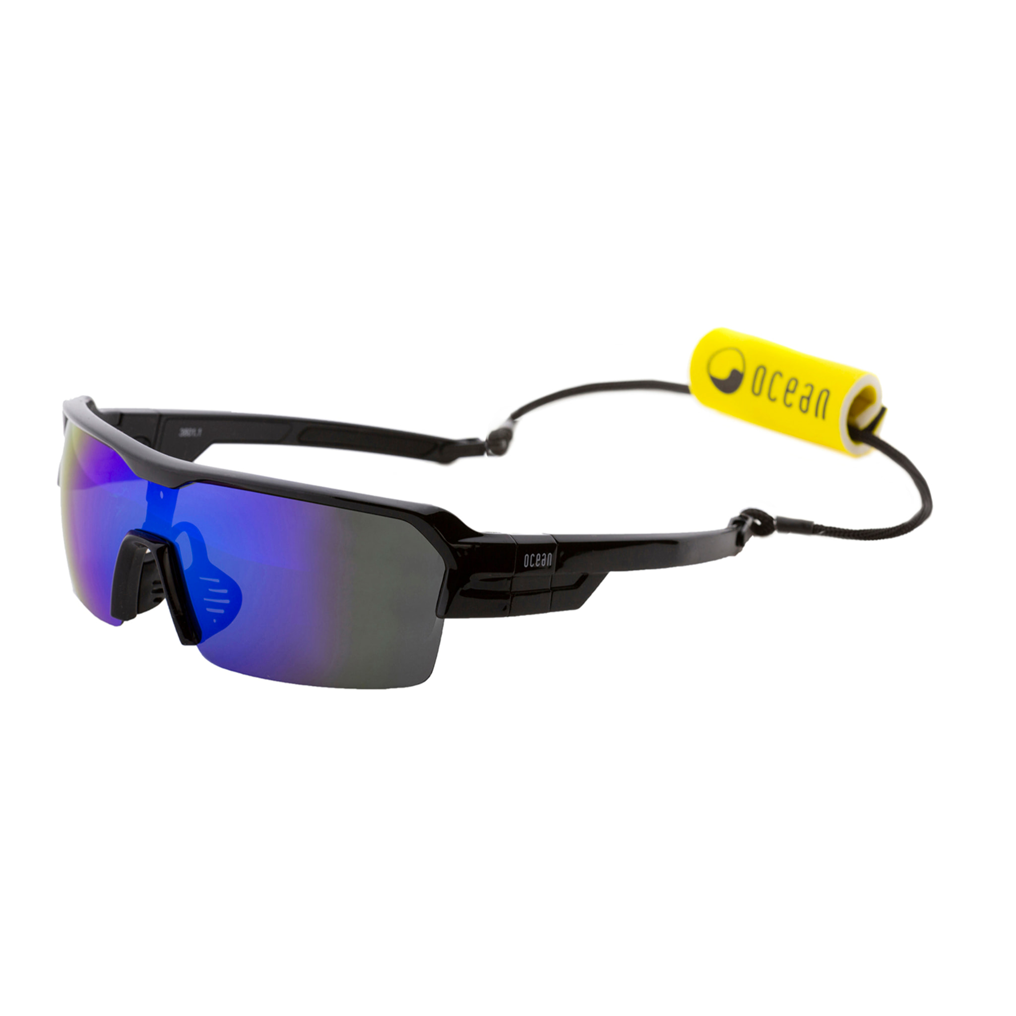 Gafas de deportes acuáticos OCEAN RACE - Negro brillante / Revo azul con almohadillas con lente puntas azules