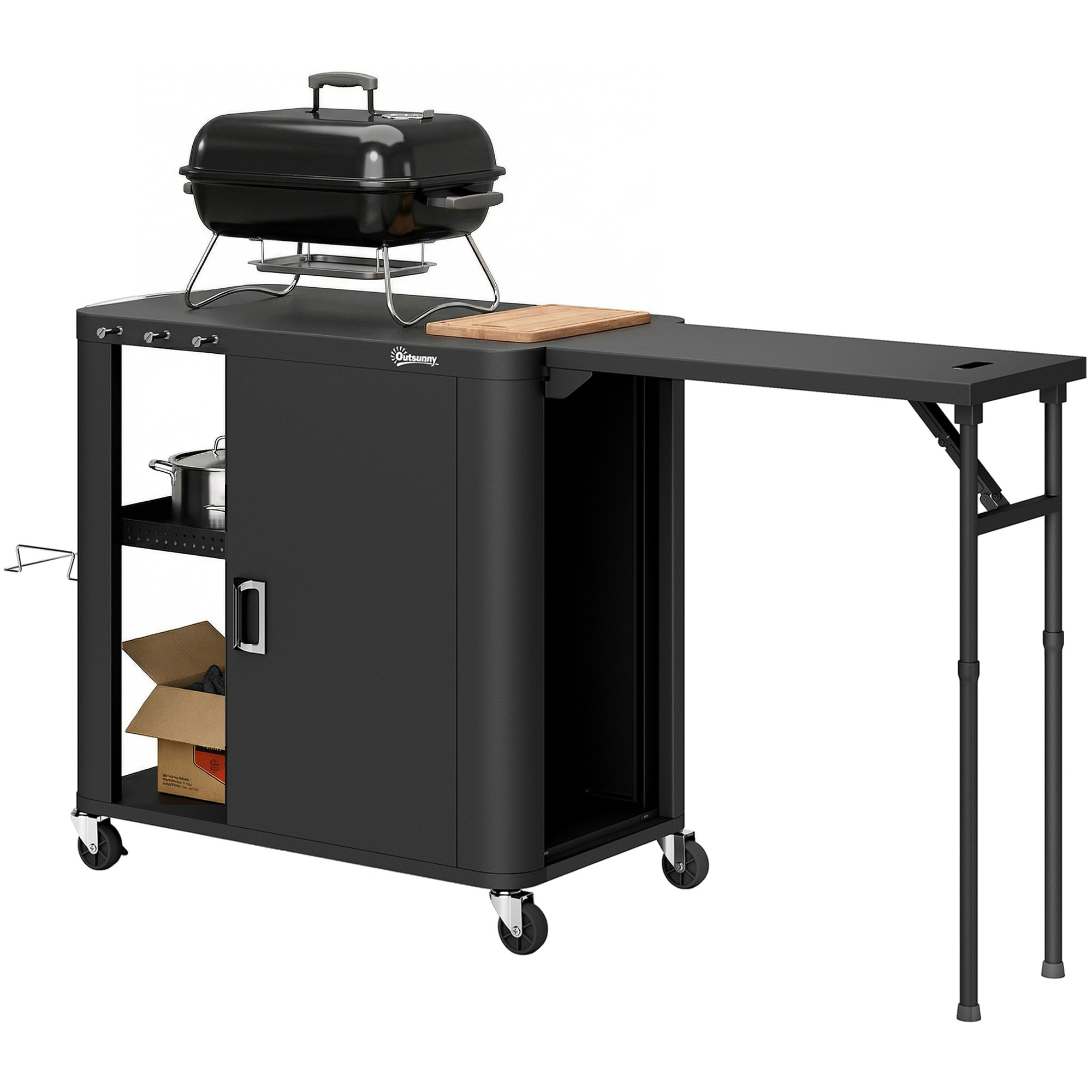 Desserte de jardin chariot plancha barbecue multi-rangement acier laminé froid noir