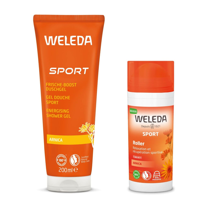 WELEDA - Pack Nomade - Gel Douche Sport Arnica + Roller Arnica - Après l'effort - Vegan* - Certifié Natrue** - Tube 200ml + Roll-on 75ml