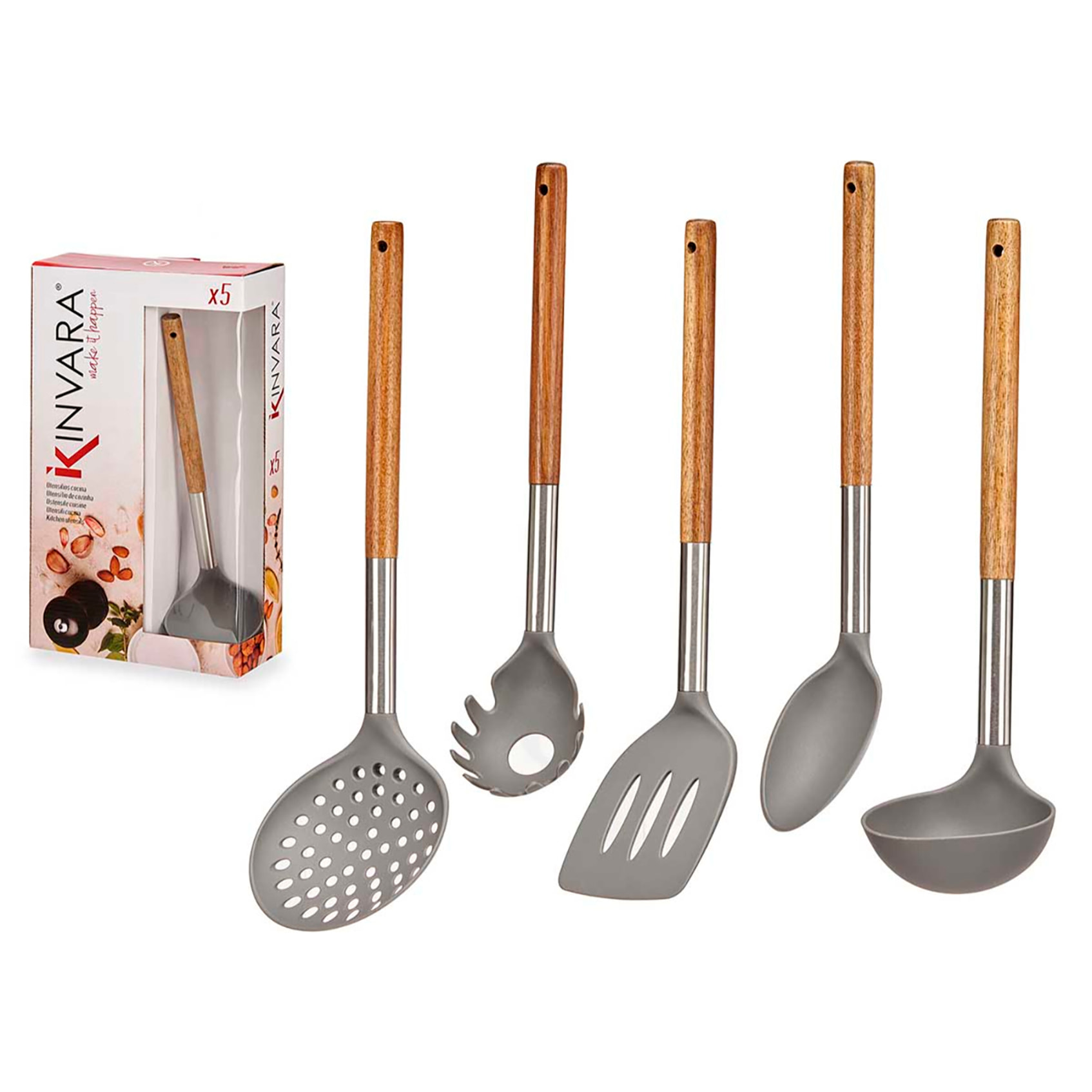 DAM SET 5 UTENSILI DA CUCINA legno e acciaio inox. 8,5x20,5x35 cm. Colore del legno