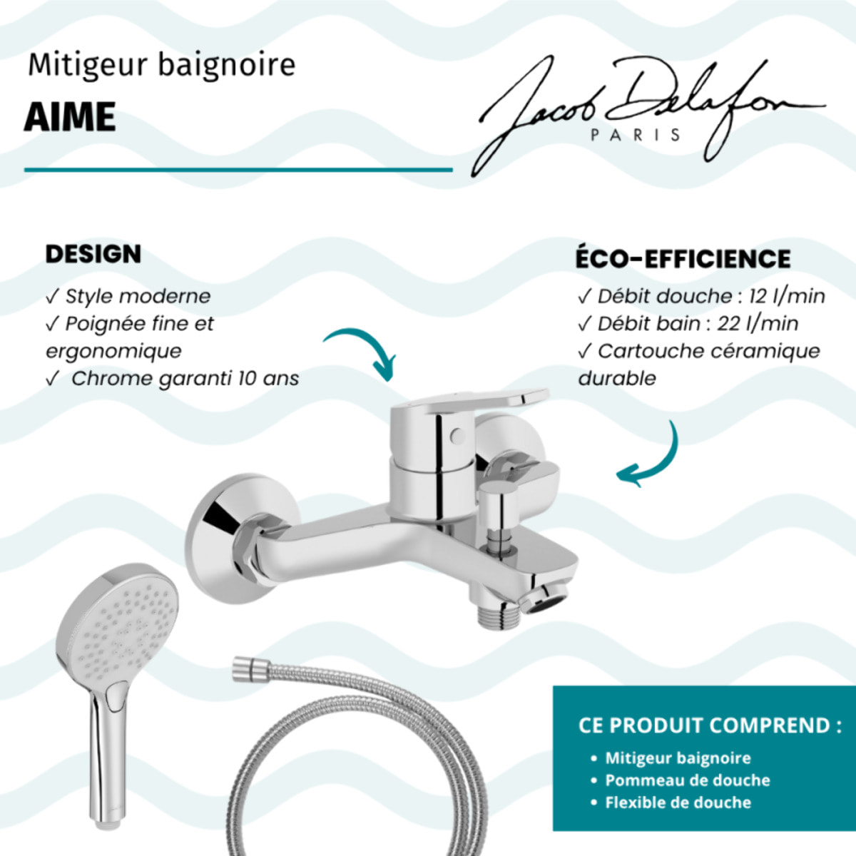 Mitigeur baignoire Aimé + pommeau de douche Metro + flexible de douche métal
