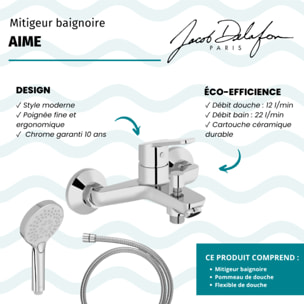 Mitigeur baignoire Aimé + pommeau de douche Metro + flexible de douche métal