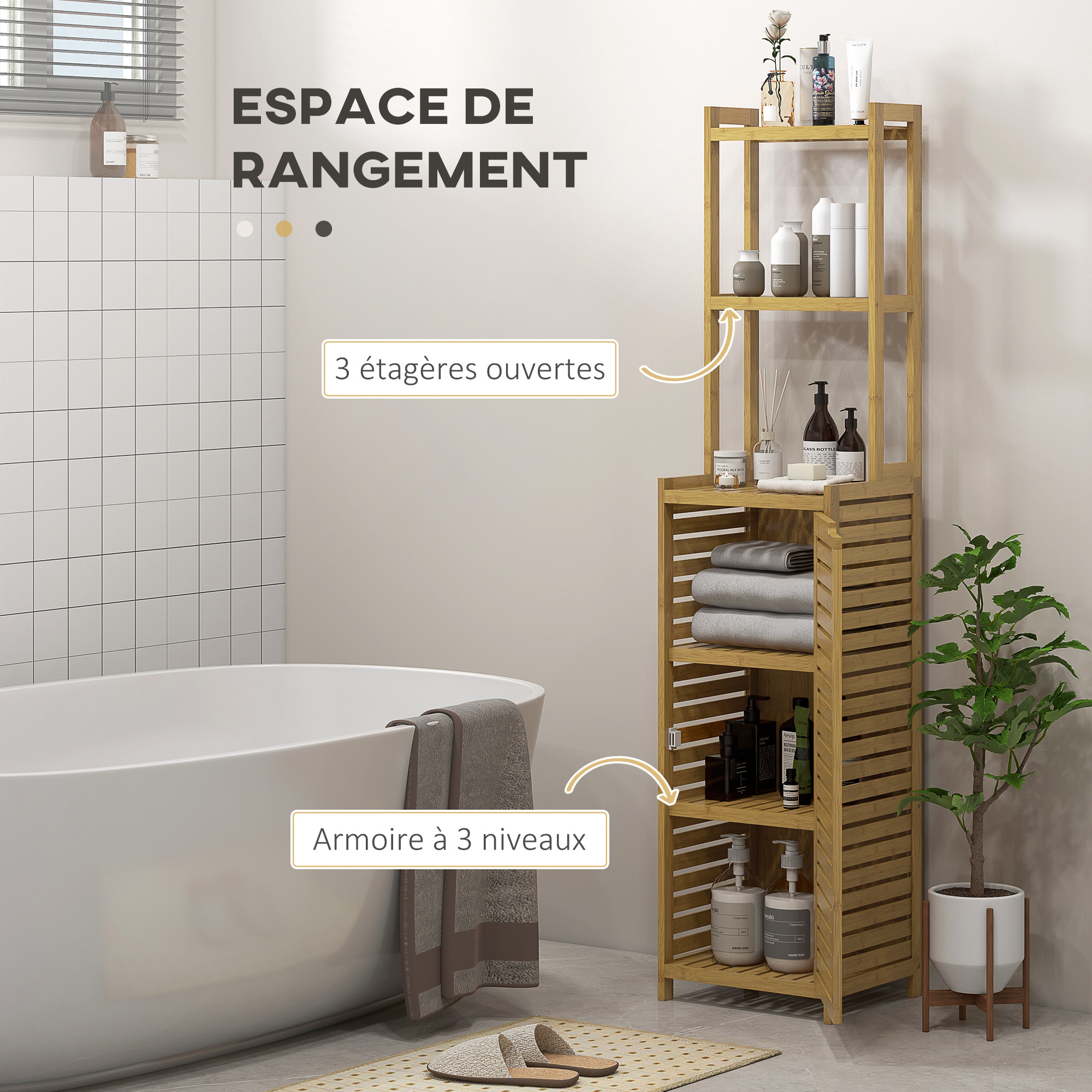 Meuble colonne salle de bain style naturel porte niche 4 étagères bambou