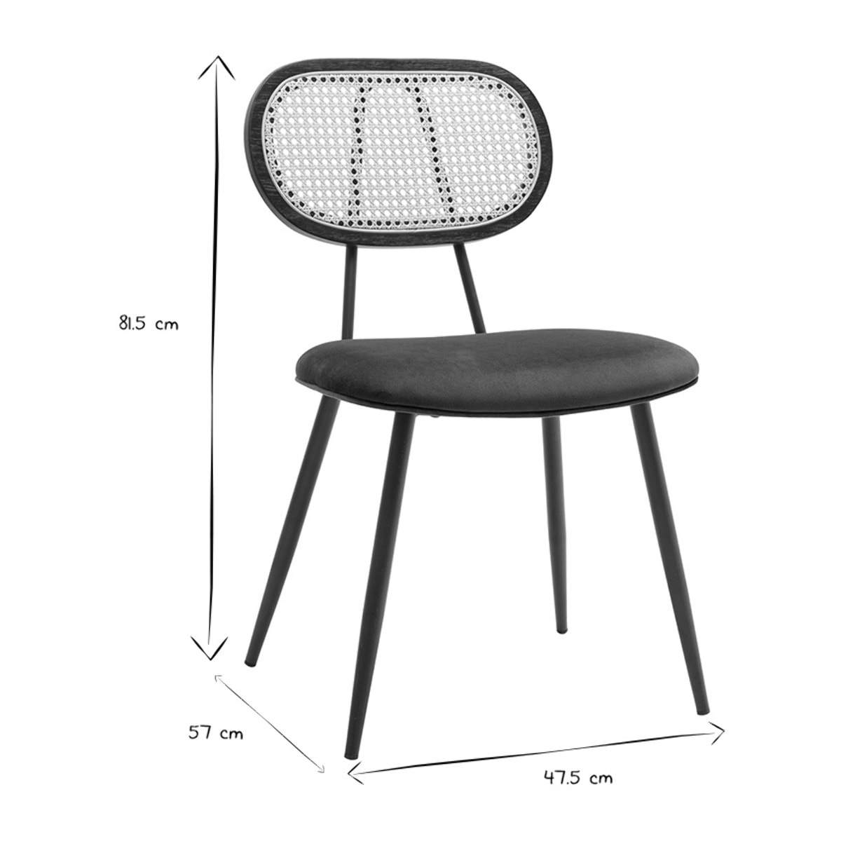 Chaises design en tissu velours vert foncé, métal noir et cannage rotin (lot de 2) SWANN