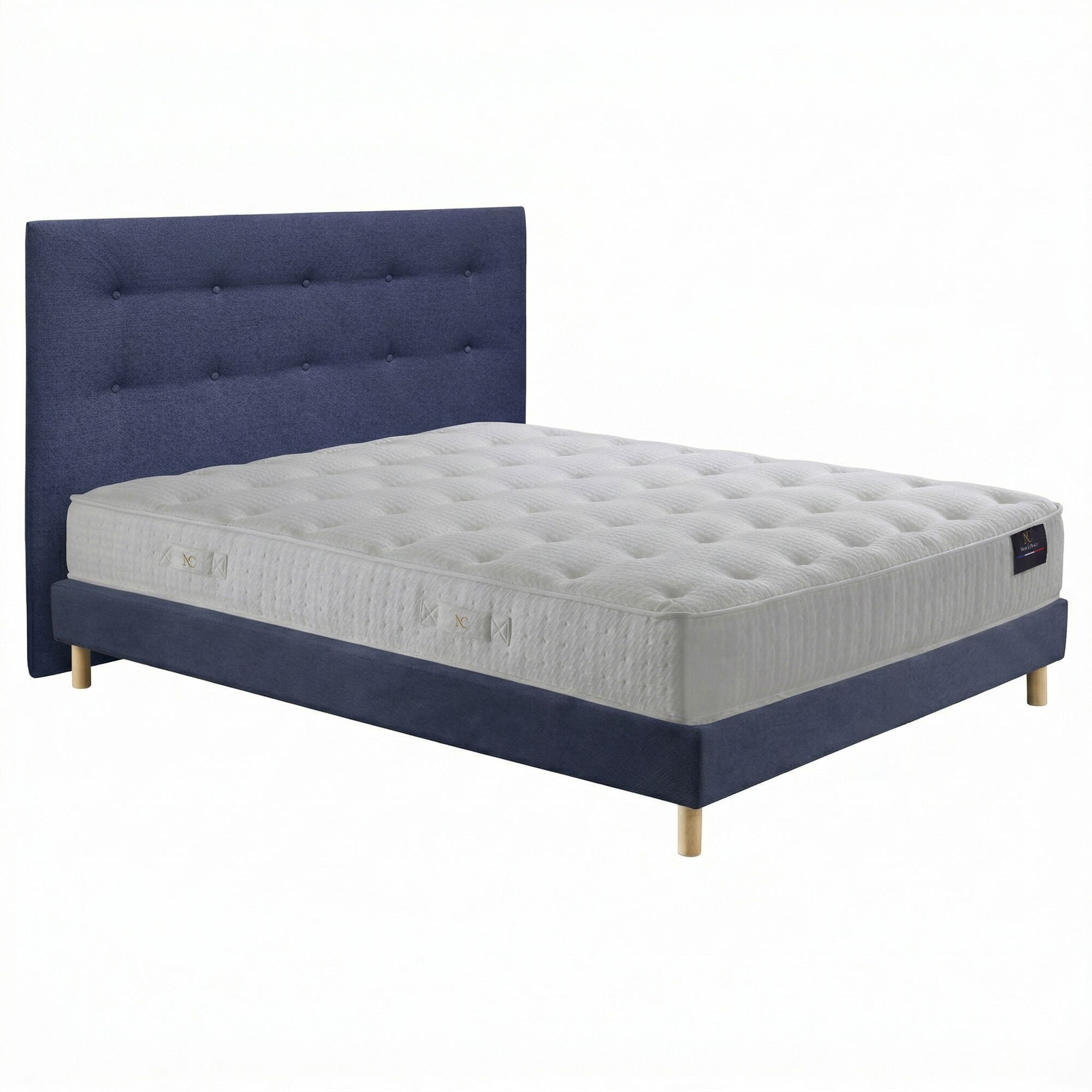 Ensemble matelas ressorts ensachés ARTÉMIS 2, accueil mémoire de forme, H26 cm, sommier et tête de lit bleu