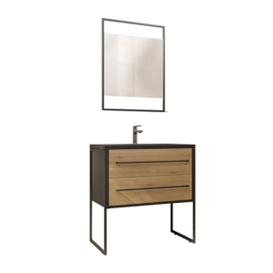 Pack Meuble Salle de Bain 80 cm Noir Mat & Bois 2 Tiroirs - Vasque Noire Effet Pierre - Miroir Led