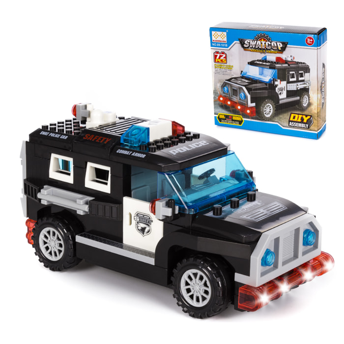 Veicolo d'assalto della polizia SWAT, con luci ed effetti sonori. Da costruire, 72 pezzi. Modalità di funzionamento automatica 360°.