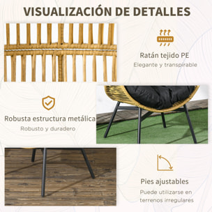 Sillón de Ratán Sintético Silla de Terraza en Forma de Huevo con Reposacabezas Acolchado Cojín y Marco de Acero para Jardín Balcón 89x75x143 cm Arena y Negro