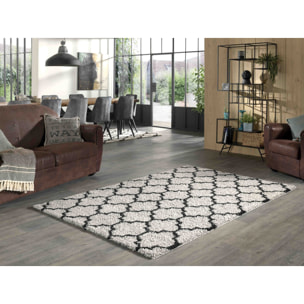 Trellis - tapis shaggy de salon en laine artificielle gris et noir