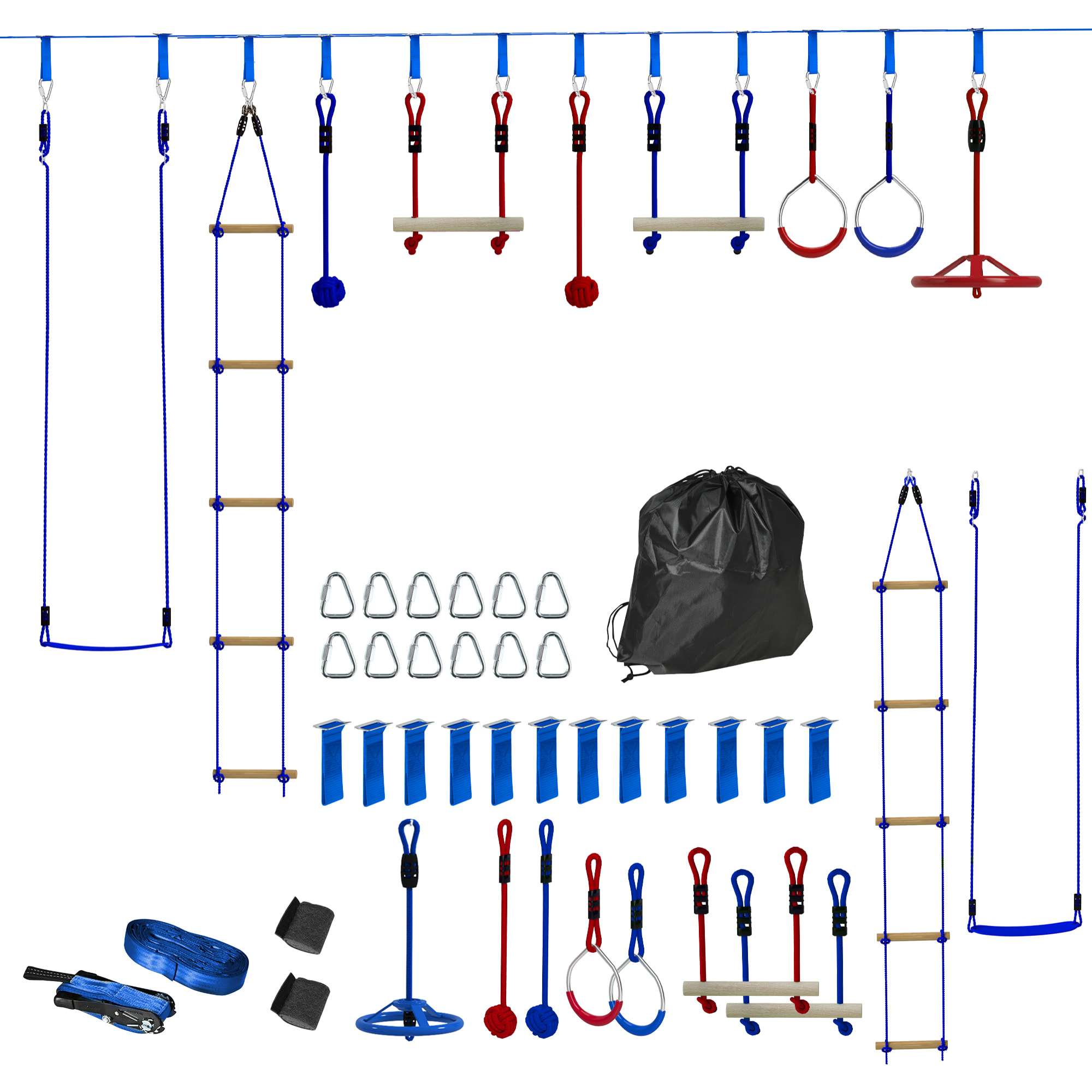 Parcours d'obstacles ninja enfant 10m 10 accessoires max. 50Kg - slackline, sac transport - rouge bleu